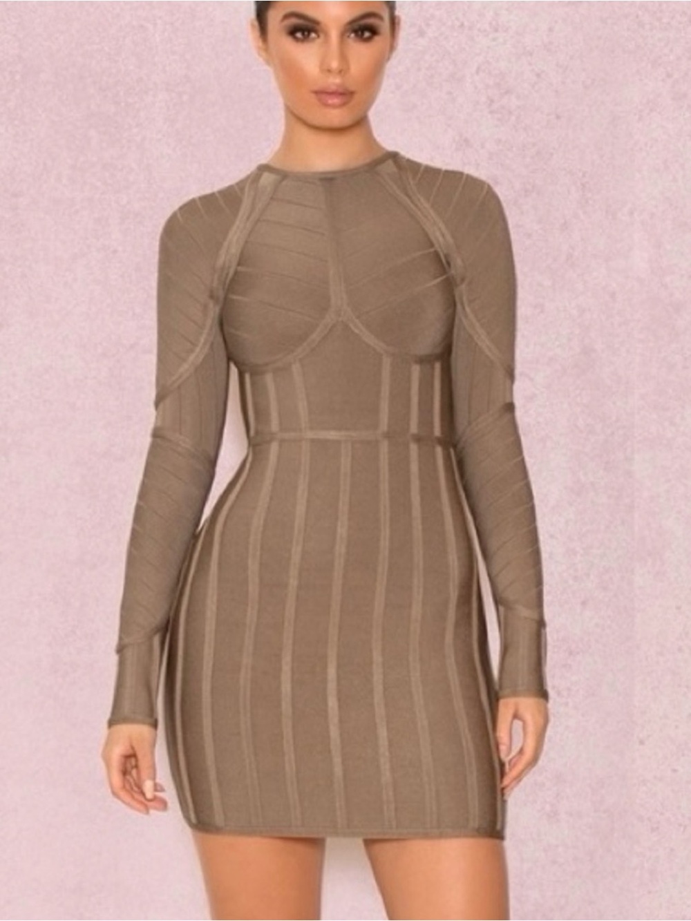 House of CB Taupe Long Sleeve Bandage Mini Dress